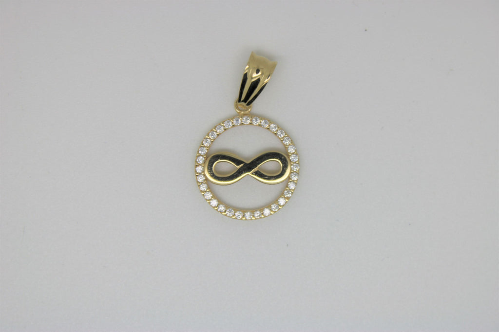 Infinity gold pendant surrounded by stones