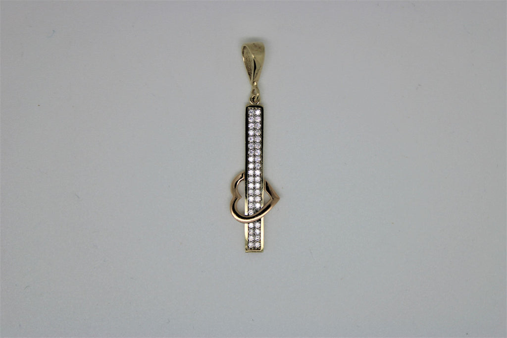 Gold stick pendant with heart and stones