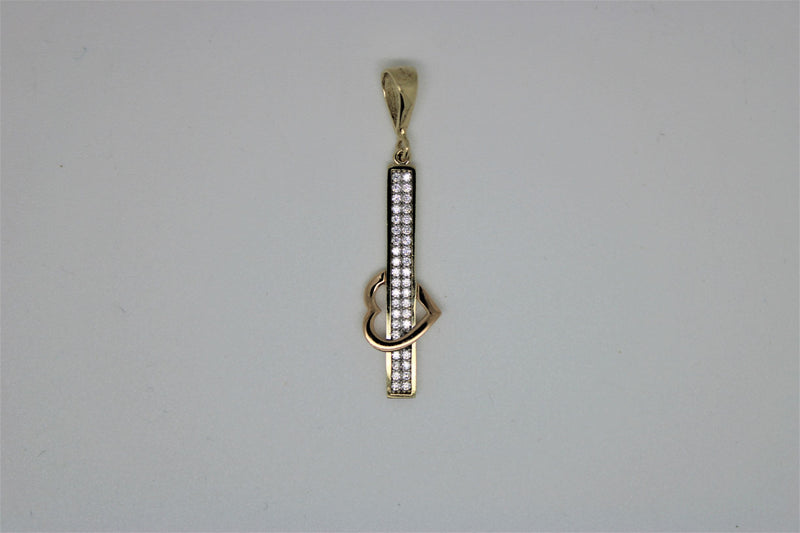 Gold stick pendant with heart and stones