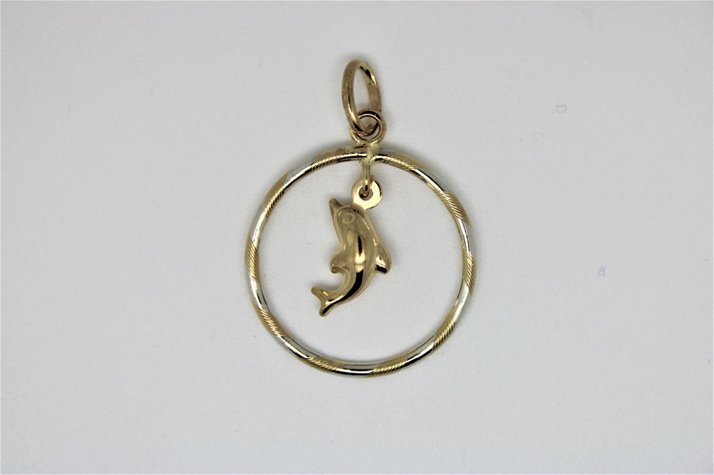 Round gold pendant with 2-tone dolphin