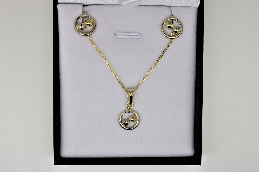 Set of 2-tone gold chain, pendant and earrings with circled hearts