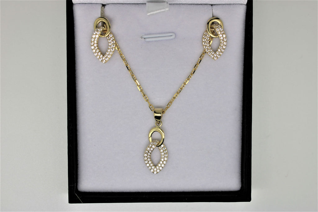 Set of gold chain, pendant and earrings with stones