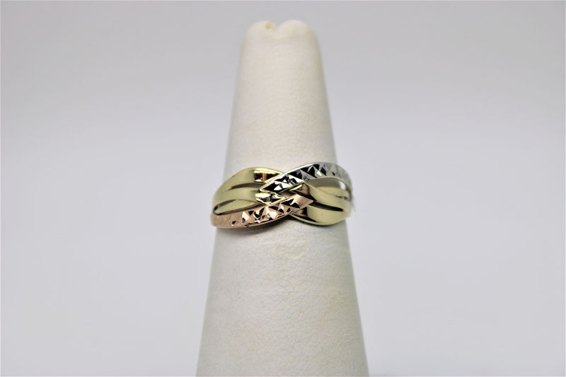 3 tone diamond cut gold ring