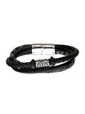 Black Plated and Antiqued Finish Drum Beads with Black Leather Layered Bracelet